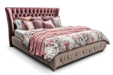Comfortable king size bed with pink bedding and pillows, creating a cozy and inviting atmosphere for a restful night's sleep