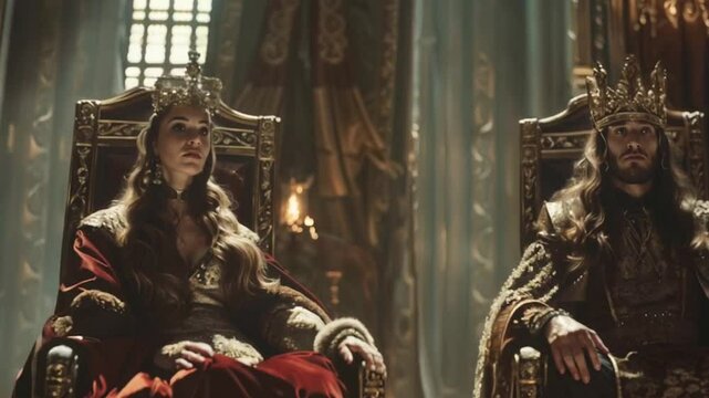 Regal couple sitting on ornate thrones in a grand medieval throne room, adorned in luxurious royal attire, with crowns symbolizing power and prestige