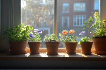 Fototapeta premium Beautiful potted flowers brighten a windowsill overlooking a lush green garden