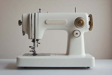 Old sewing machine standing on a white table against a beige background, representing traditional tailoring and dressmaking