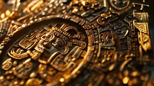Closeup view of an opulent golden Mesoamerican artifact, its surface richly embellished with a dense tapestry of swirling, interlocking geometric designs and symbols