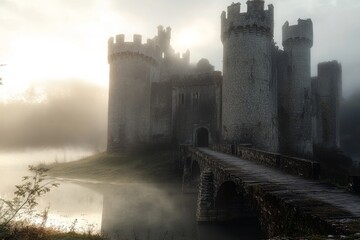 Fototapeta premium Misty morning at an ancient castle near water. Generative AI