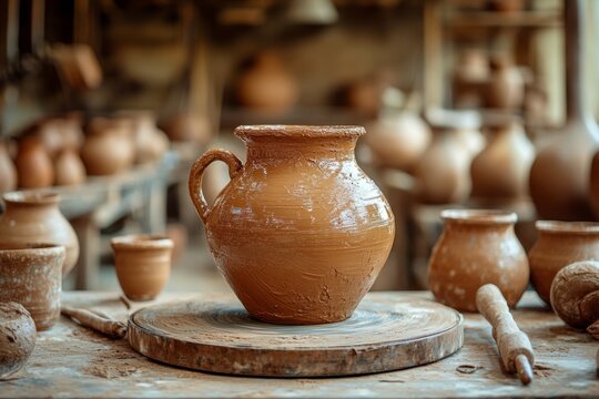 Freshly molded clay pot sits on a potter's wheel in a workshop, showcasing the traditional craft of pottery