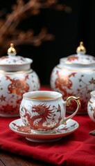 Decorative Chinese tea cup with dragon motif on a saucer, surrounded by elegant teapots, rich cultural and refined setting