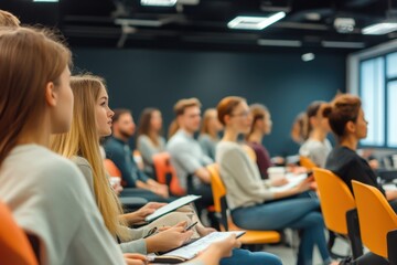 Fototapeta premium Students attending a lecture in a modern classroom setting with attentive expressions