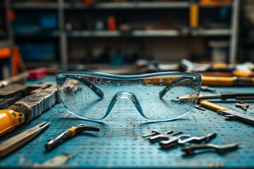 Clear safety glasses sit on a workbench amidst tools, highlighting the importance of eye protection in workshops