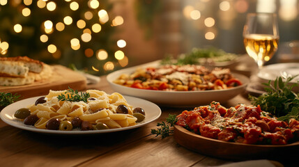 Italian cuisine with pasta and olives on wooden table.
