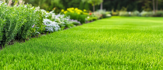 Obraz premium Vibrant garden with lush grass and colorful flowers in bloom.