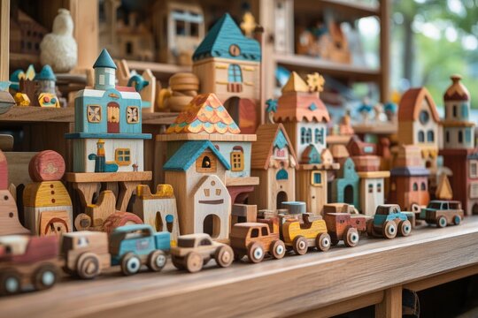 Miniature wooden houses and cars are arranged on a shelf, creating a charming cityscape for imaginative play