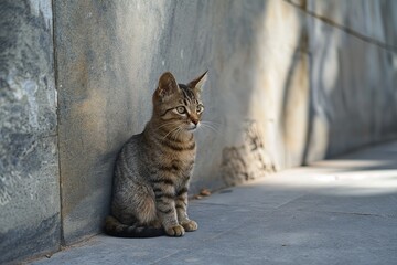 Curious Little Street Cat Sitting In Shadowy Alleyway