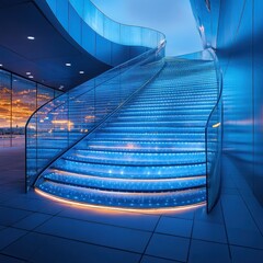 Fototapeta premium A modern, illuminated staircase with a sleek design and vibrant blue lighting.