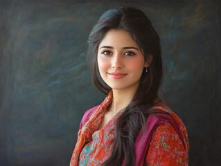 Fototapeta premium woman in traditional attire smiles gently against dark background.