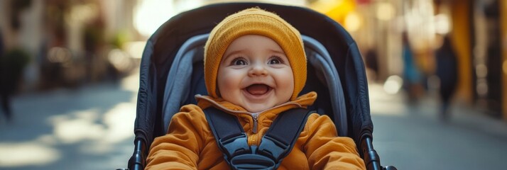 Happy baby wearing a yellow hat and jacket smiling while sitting in a stroller