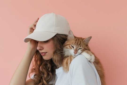 Young Woman Cuddling Adorable Feline Companion on a Salmon Background
