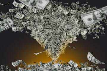 Money wallpaper background with US dollar bills tornado, whirlwind of dollars hurricane. Flying,...