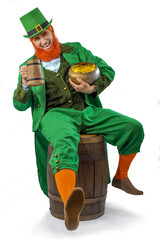 Leprechaun elf on St. Patrick's Day. Cheerful character Irish leprechaun for advertising with a red...