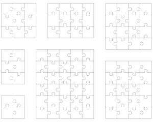 Illustration of seven white puzzles, separate parts		