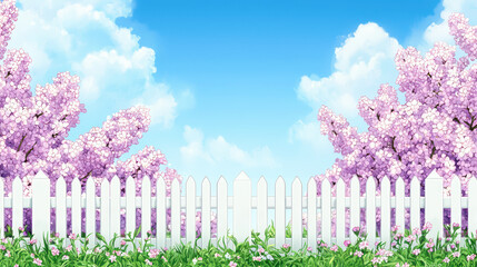 Obraz premium serene lilac garden with blooming flowers and white picket fence under bright blue sky. vibrant colors evoke sense of peace and tranquility