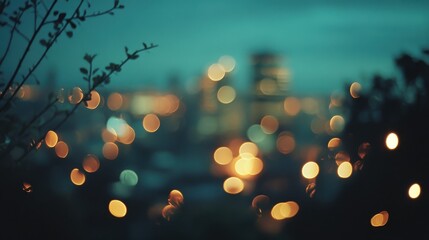 Silhouetted branches frame blurred city lights at dusk; bokeh effect. Perfect for websites, blogs, or social media; evokes feelings of peace and calm.