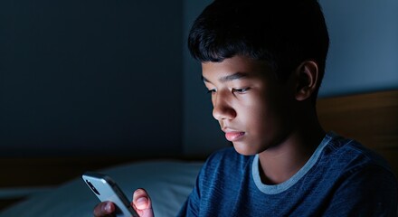 Black boy surfing the Internet at the late night hour. Addiction to smartphones among teenagers, youth. Using mobile phone at night. Chat. Texting, messenger. Preteen playing mobile game