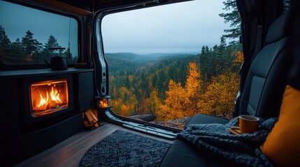 Cozy Camper Van Interior with Glowing Fireplace