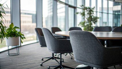 Blurred background of a modern office meeting room with a table and chairs for a business concept