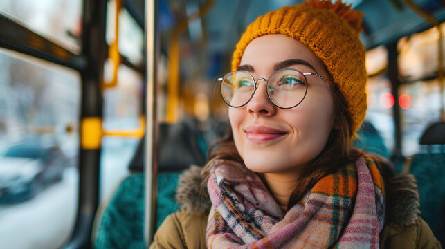 Cheerful passenger enjoying a comfortable and pleasant journey on public transport, radiating happiness and contentment. Joy of travel, relaxation, and the positive experience of commuting. 