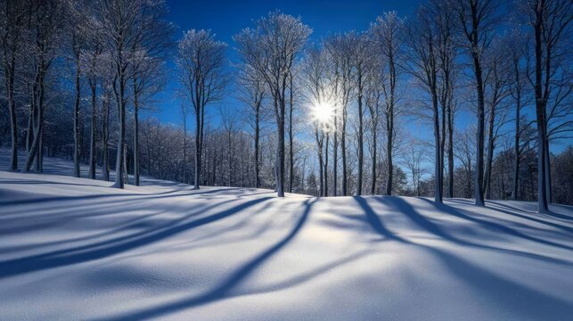 Enchanted winter scene: Snow-covered trees and misty background