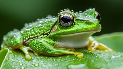 Obraz premium Green Frog Resting On Dew Covered Leaf