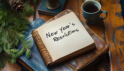 New Year's resolutions handwritten in notebook. Open journal with a handwritten list of goals and plans for the new year, accompanied by a pen and festive decorations. Motivational themes New Year