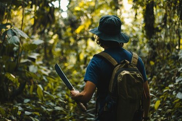 Naklejka premium Explorer with machete in dense forest, focus on adventure
