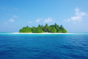 Serene tropical island surrounded by crystal clear waters under a bright blue sky