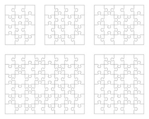 Illustration of five white puzzles, separate parts	