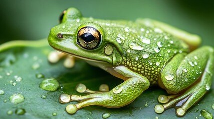 Obraz premium Green Frog Resting on Dew Covered Leaf