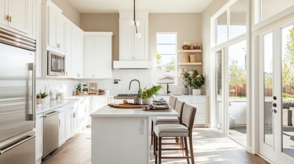 Fototapeta premium Corner angle of a bright, airy kitchen interior with a bar stool next to a breakfast counter, white cabinets, and minimalistic decor in warm, neutral tones