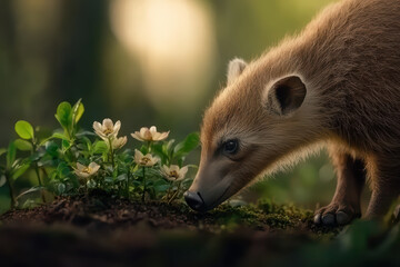 Naklejka premium tamandua exploring lush forest, curiously sniffing flowers. scene captures beauty of nature and gentle curiosity of wildlife