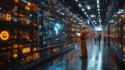 Workers in uniforms manage logistics in a sleek warehouse while a manager interacts with a holographic supply chain map on a tablet