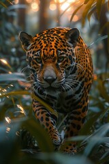 Fototapeta premium A jaguar strides through dense foliage with striking patterns, illuminated by soft golden light in a serene environment