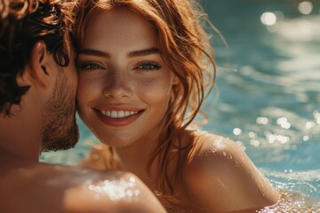 Couple enjoys a playful moment in a clear blue pool on a sunny afternoon