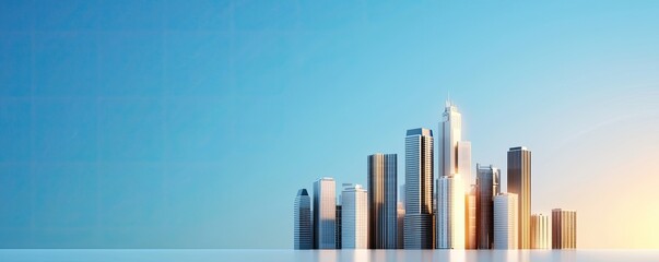 A modern city skyline at sunset, featuring a mix of skyscrapers against a clear blue sky, creating an urban and vibrant atmosphere.