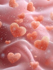 Tiny heart-shaped confetti falling like snow on smooth pink satin, with soft lighting for a dreamy and romantic Saint Valentine’s Day card
