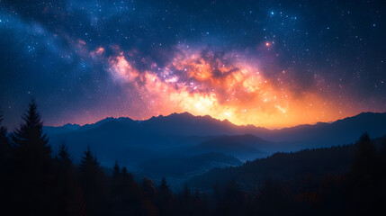 Naklejka premium An Enchanting Clear Night Sky Filled with Stars and the Capricorn Constellation Surrounded by Majestic Mountains and Trees