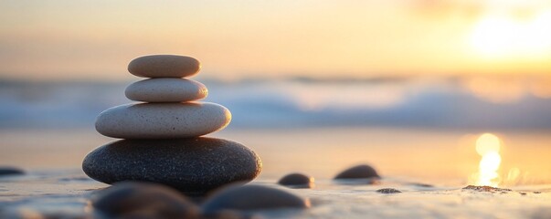 Stack of zen stones balancing on beach at sunset creating harmony and peace