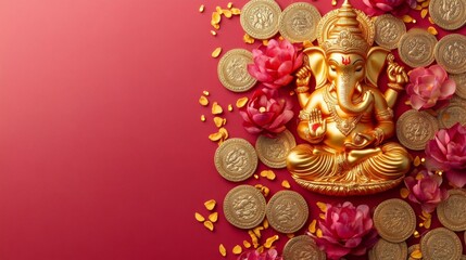 Golden Ganesha Amid Lotus and Coins