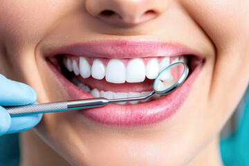 Fototapeta premium Closeup of smiling woman showing her perfect teeth during dental checkup, highlighting her bright smile and healthy gums