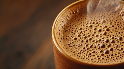 closeup of steaming hot beverage with bubbles and rich texture in wooden cup, evoking warmth and comfort
