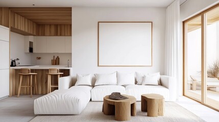Fototapeta premium Minimalist living room featuring a white sofa, wooden accents, and an empty white poster above the couch, creating a modern, airy aesthetic