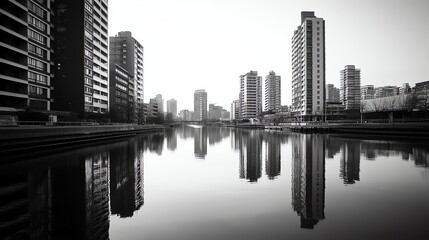 Obraz premium A black and white image of a canal in a city with tall buildings on both sides.