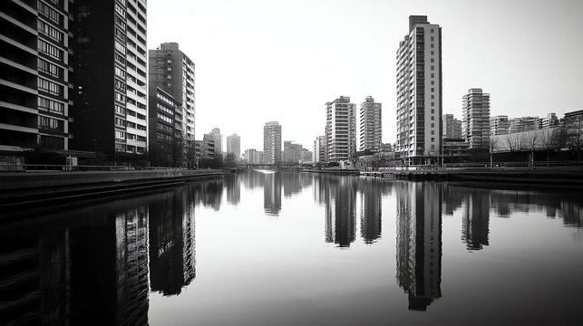Fototapeta A black and white image of a canal in a city with tall buildings on both sides.