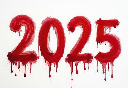 2025 painted in dripping red paint on a white background creating a vivid, artistic effect